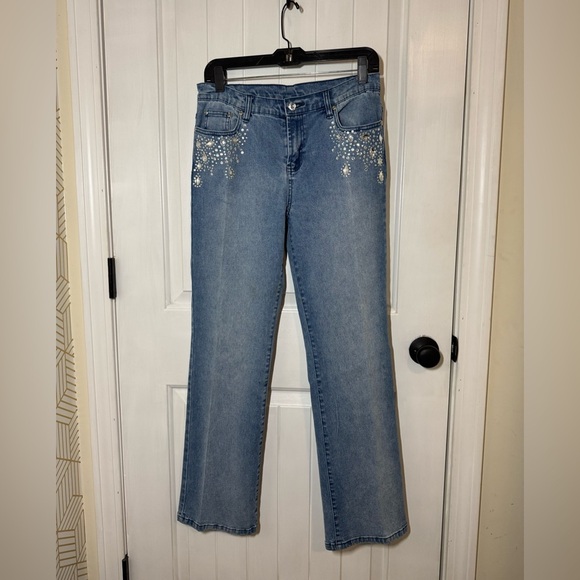 DG2 by Diane Gilman Blue Flare Jeans with Rhinestone Embellishments - Picture 1 of 7